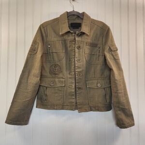 BCBGMAXAZRIA Women's Camo Green Military Jacket Size M Cargo Pockets Rugged Wear